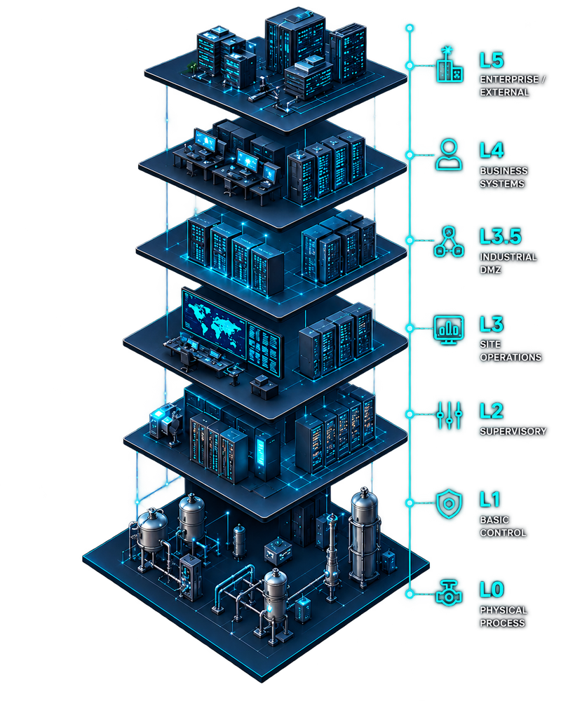 Isometric Purdue-model stack labelled L0 physical process, L1 basic control, L2 supervisory, L3 site operations, L3.5 industrial DMZ, L4 business systems and L5 enterprise, connected by monitored conduits.